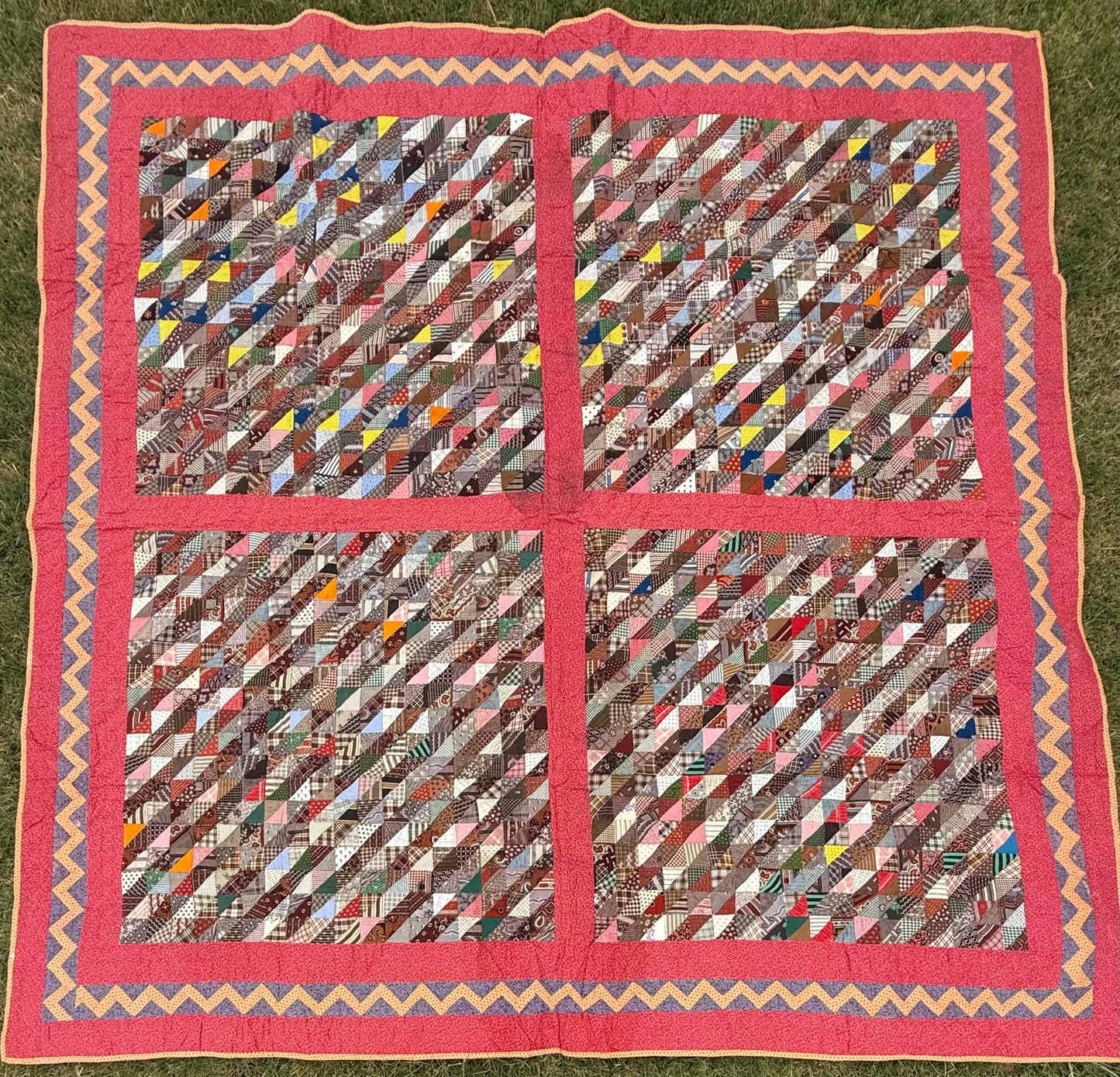 Outstanding Half Square Triangles 4 Block Early Quilt with Zig Zag Border