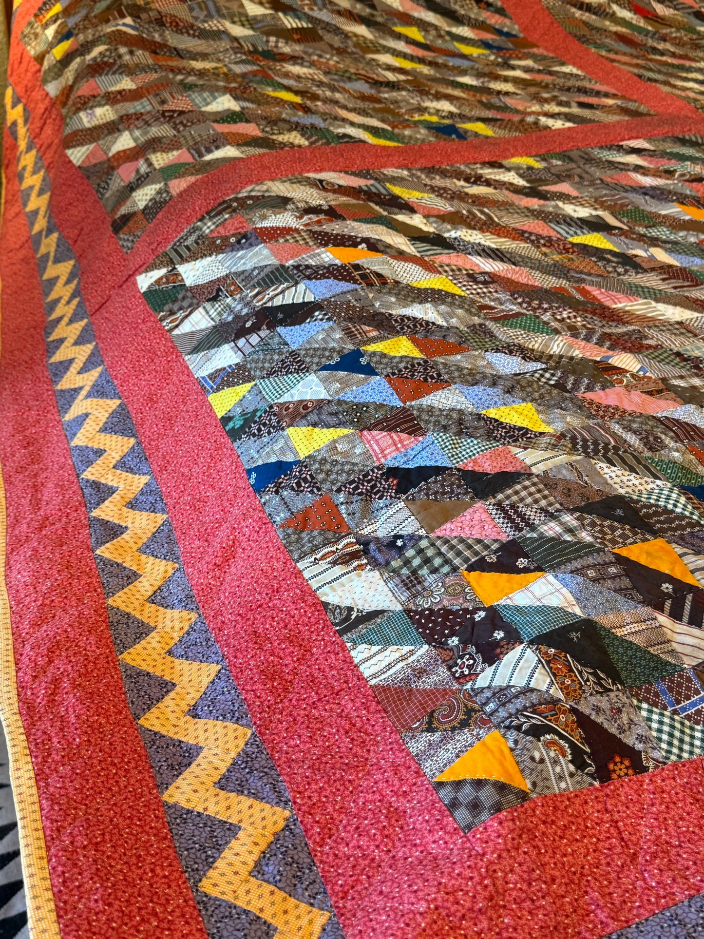 Outstanding Half Square Triangles 4 Block Early Quilt with Zig Zag Border