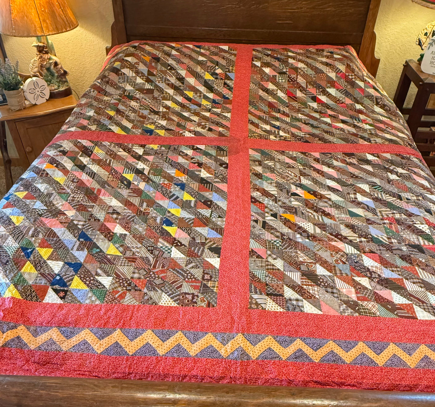 Outstanding Half Square Triangles 4 Block Early Quilt with Zig Zag Border