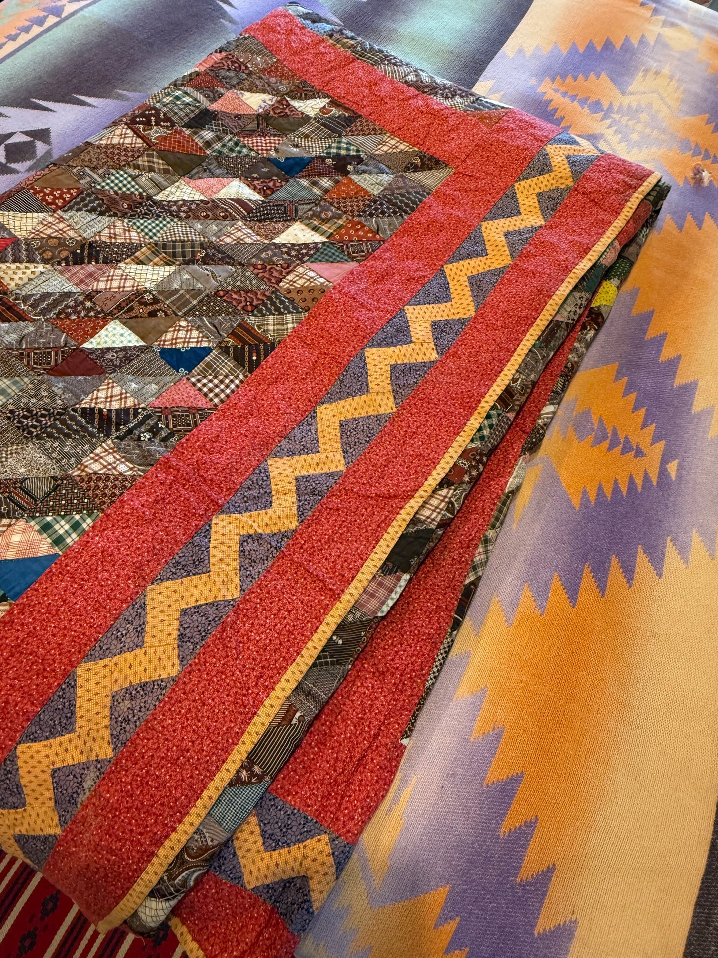 Outstanding Half Square Triangles 4 Block Early Quilt with Zig Zag Border