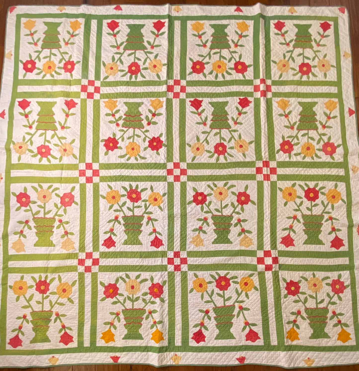 Folk Art Pot of Flowers Quilt with 9 Patch Cornerstones