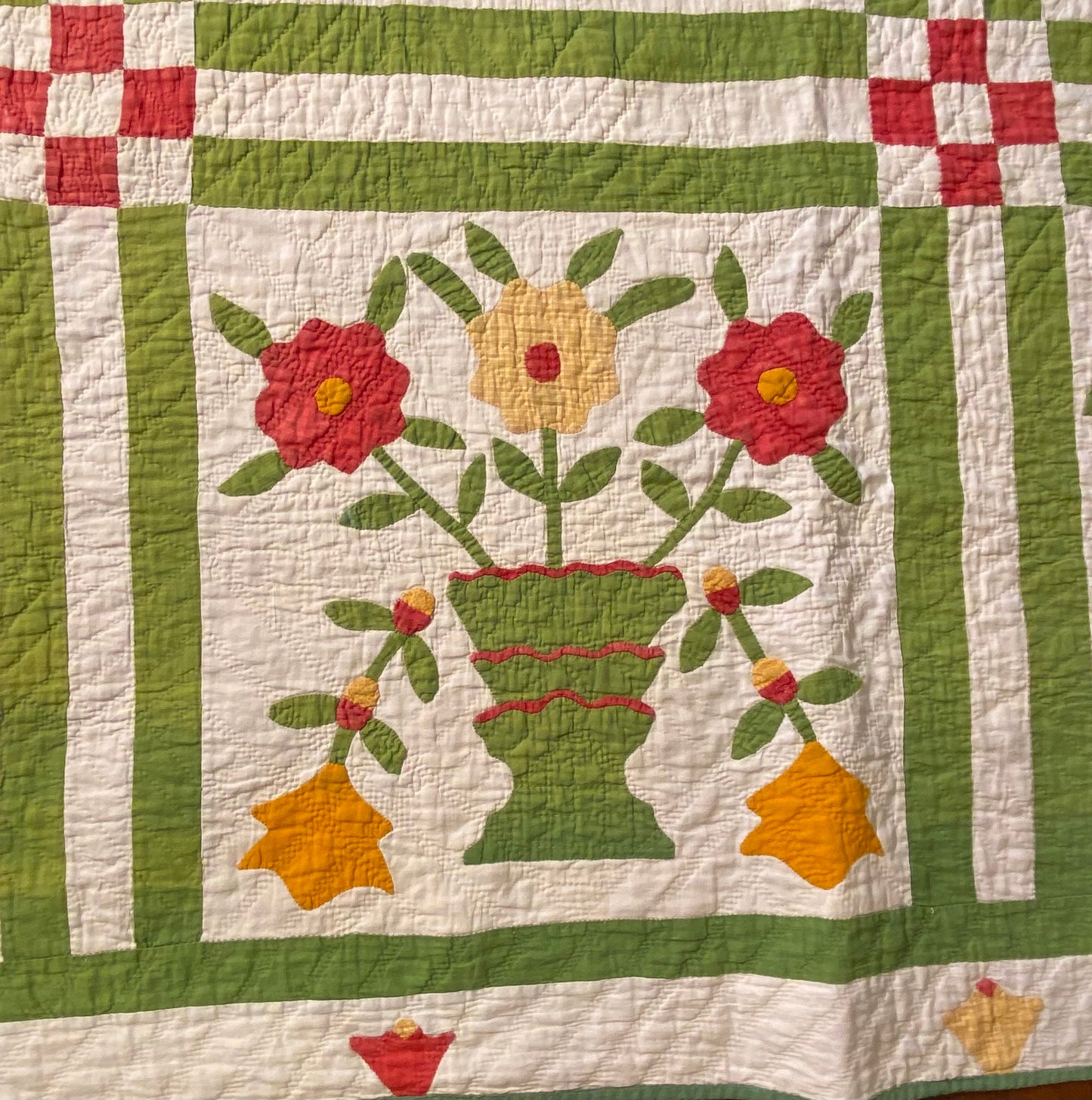 Folk Art Pot of Flowers Quilt with 9 Patch Cornerstones