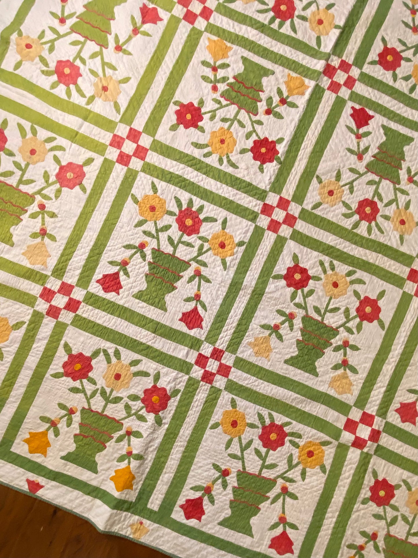Folk Art Pot of Flowers Quilt with 9 Patch Cornerstones