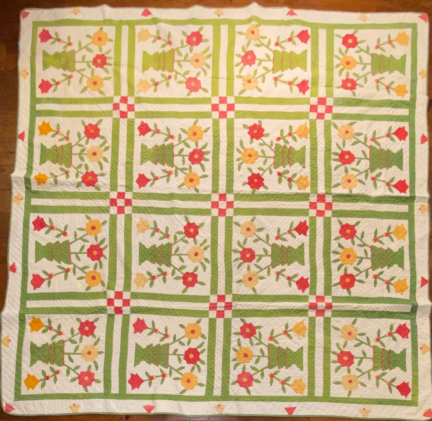 Folk Art Pot of Flowers Quilt with 9 Patch Cornerstones
