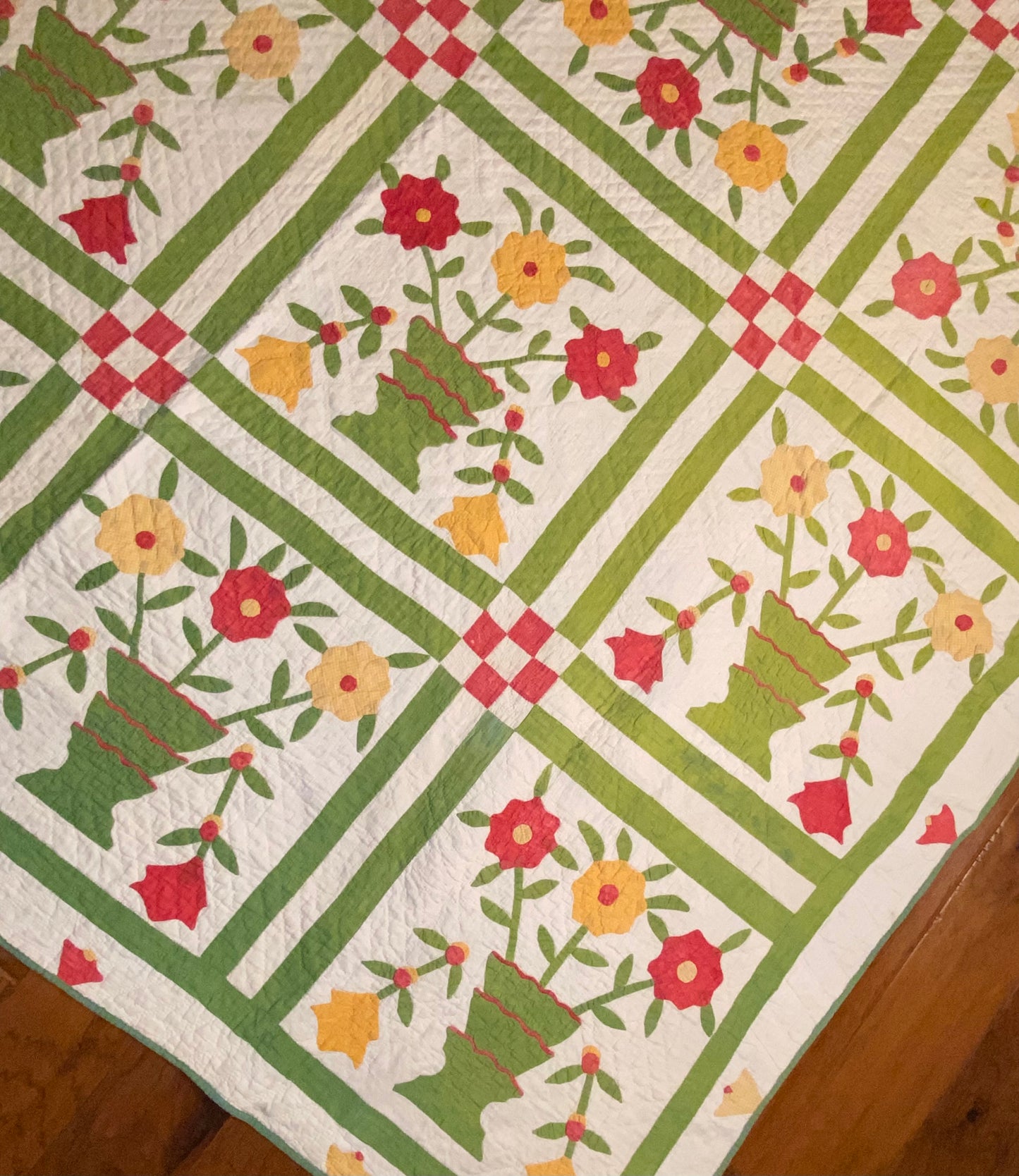 Folk Art Pot of Flowers Quilt with 9 Patch Cornerstones