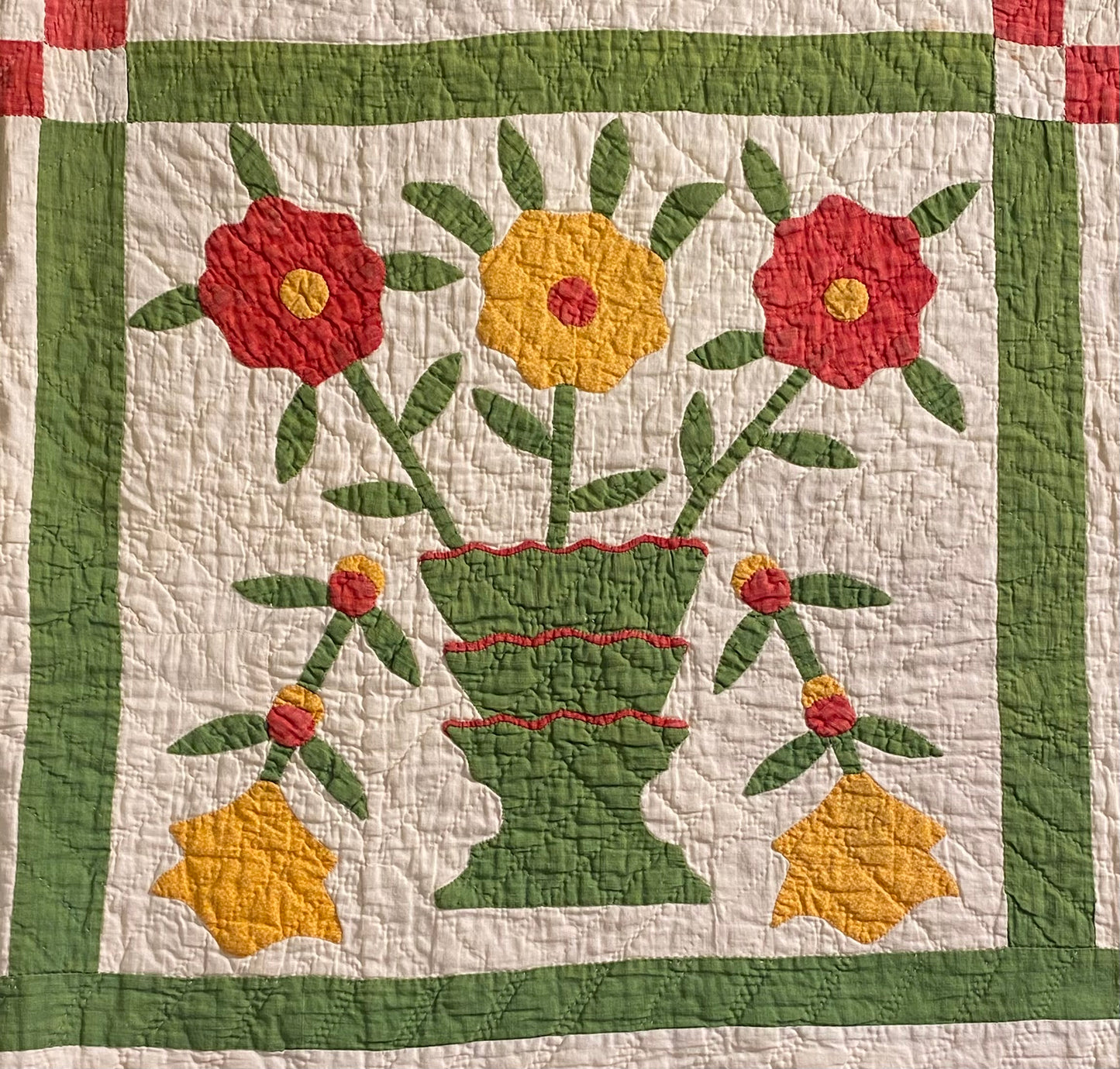Folk Art Pot of Flowers Quilt with 9 Patch Cornerstones