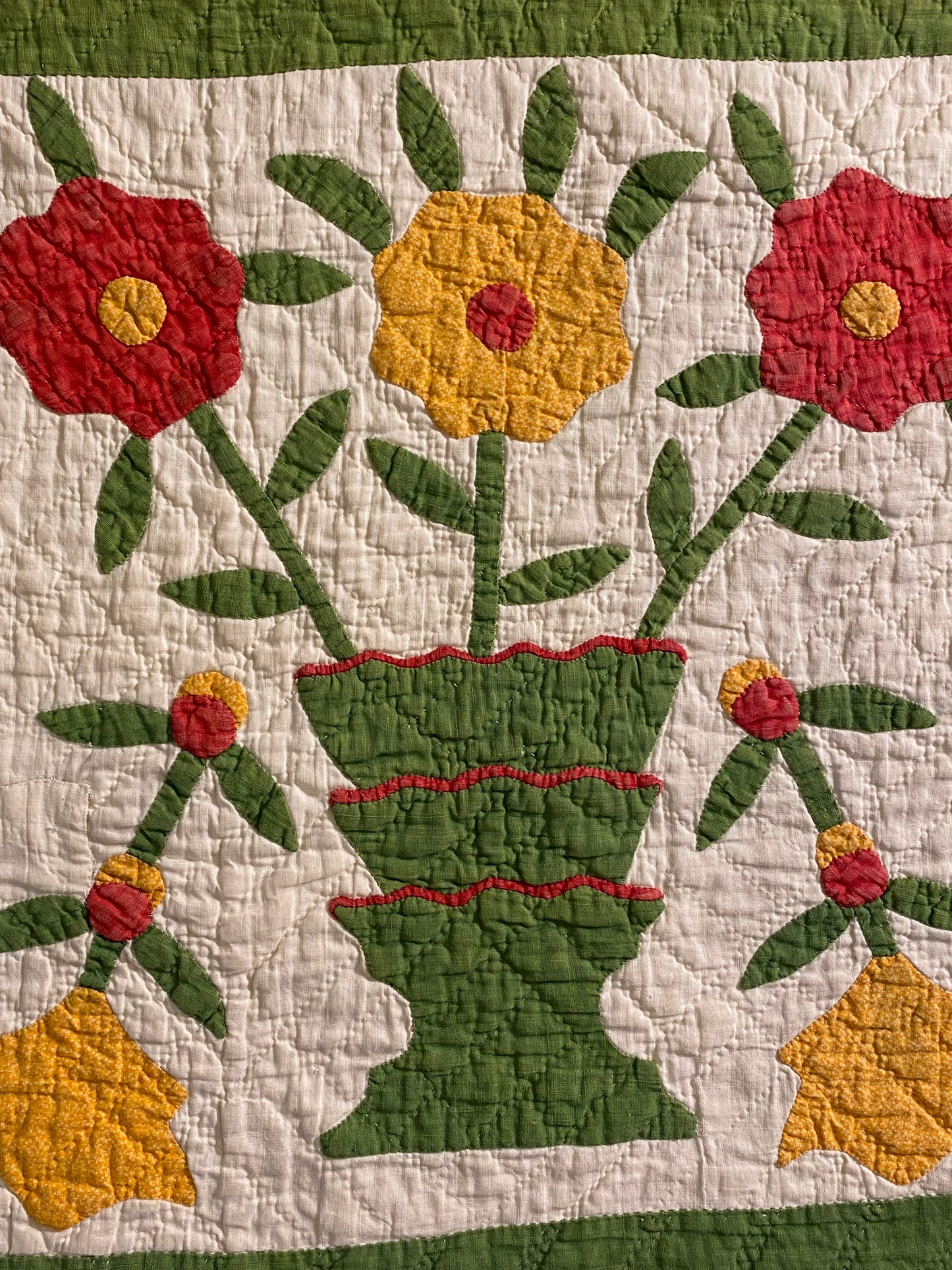 Folk Art Pot of Flowers Quilt with 9 Patch Cornerstones