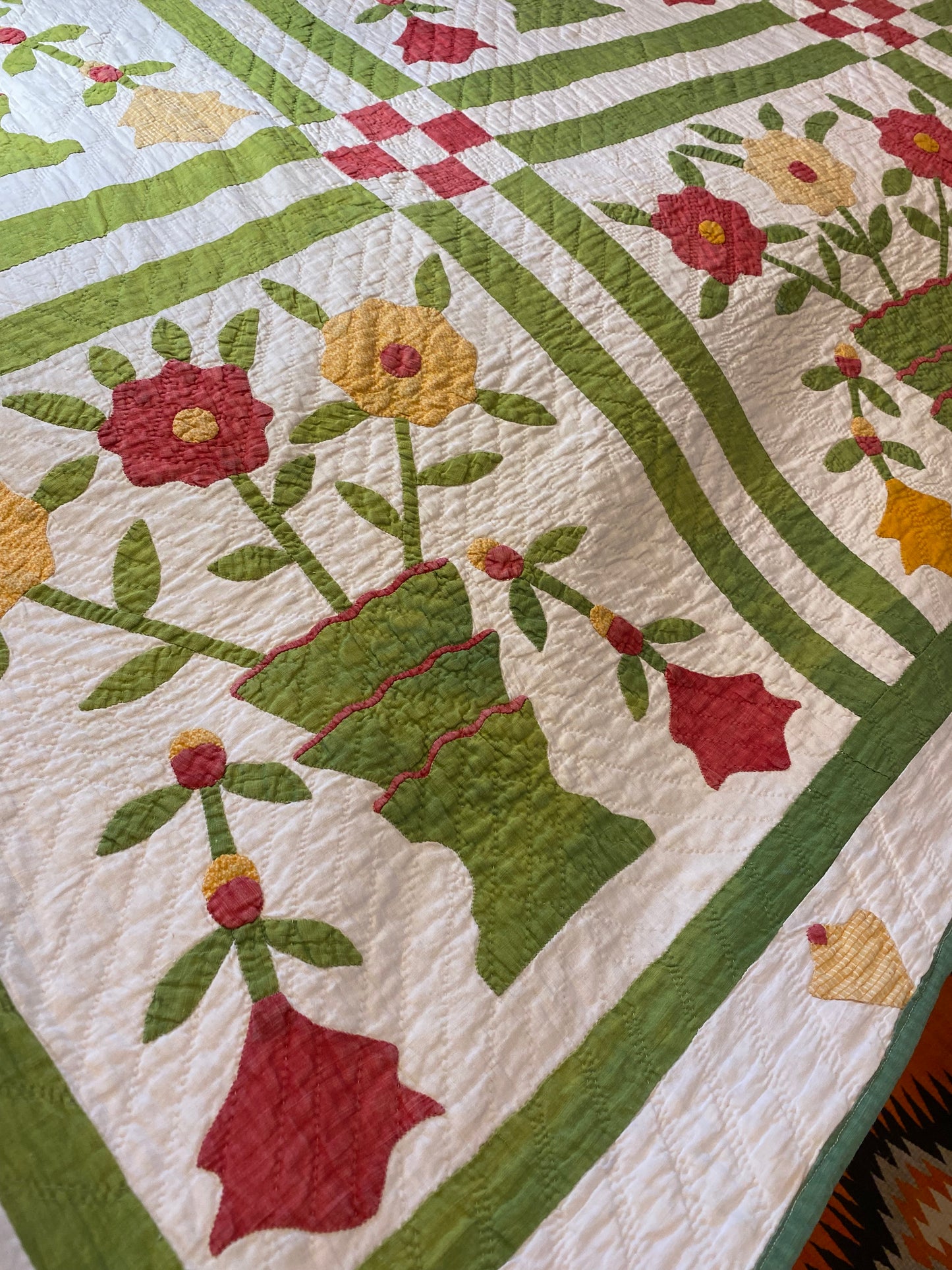 Folk Art Pot of Flowers Quilt with 9 Patch Cornerstones