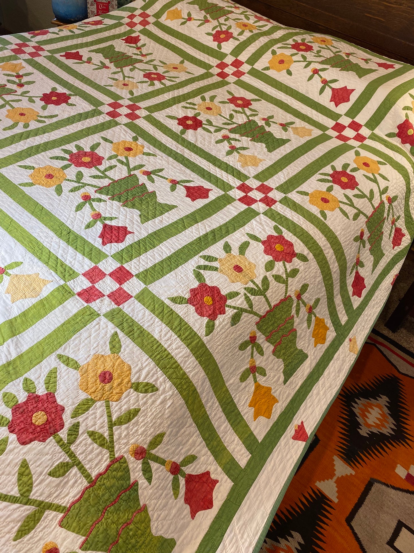Folk Art Pot of Flowers Quilt with 9 Patch Cornerstones