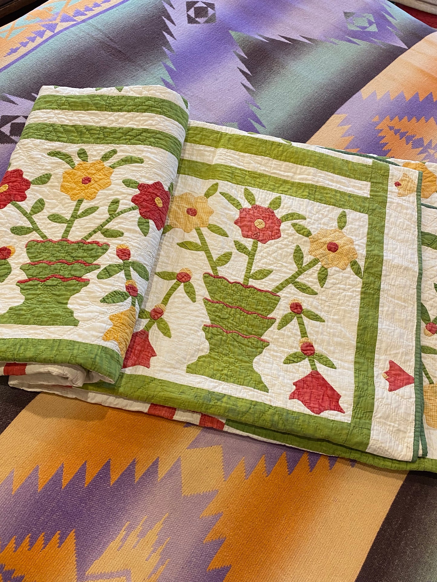 Folk Art Pot of Flowers Quilt with 9 Patch Cornerstones