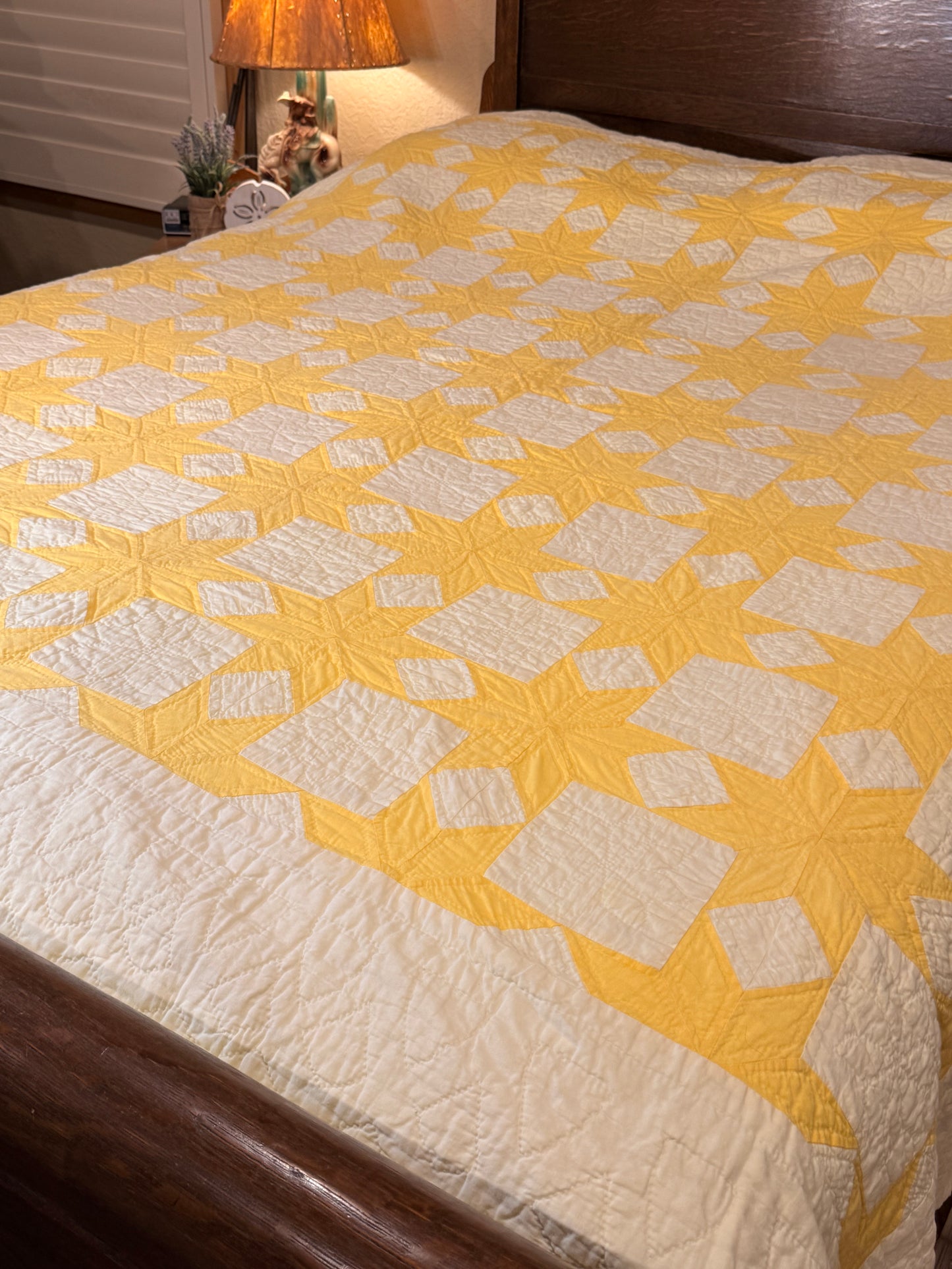 Buttery Yellow and White Stars of LeMoyne Quilt