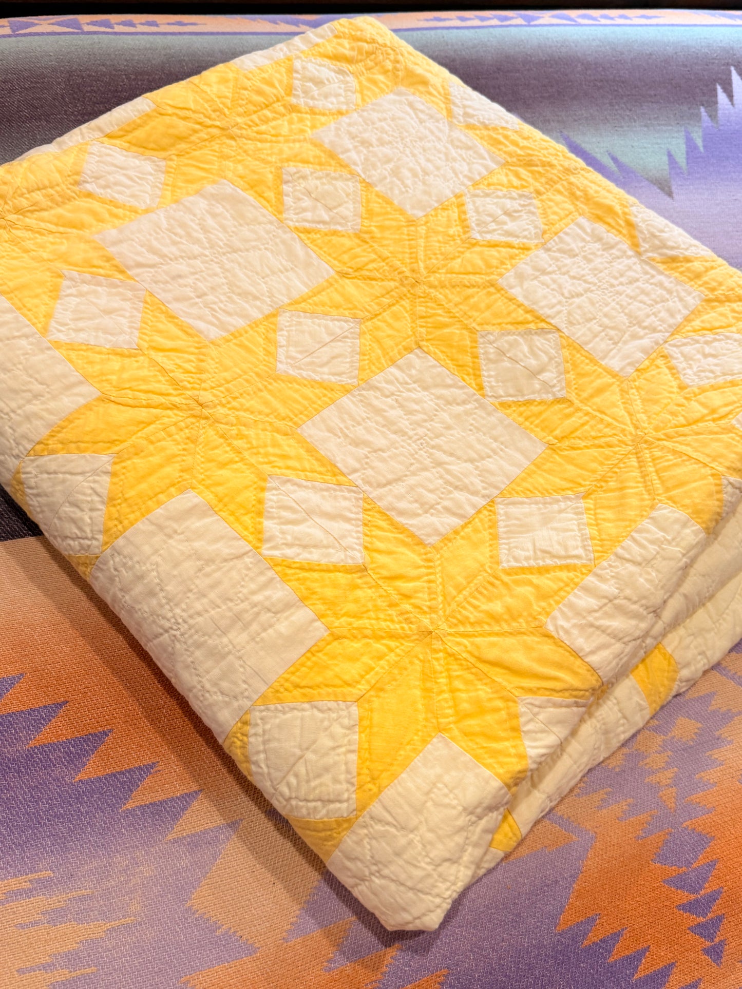 Buttery Yellow and White Stars of LeMoyne Quilt