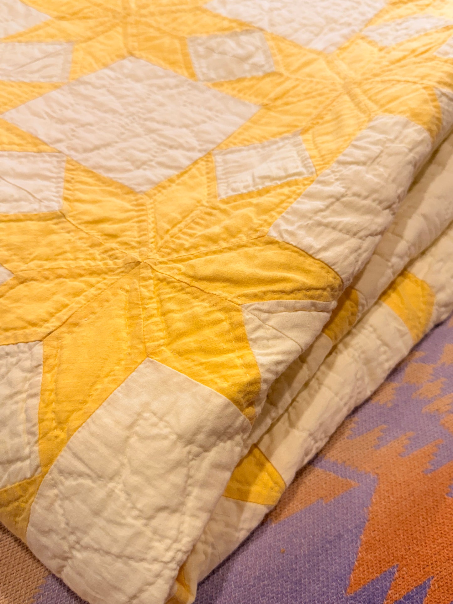 Buttery Yellow and White Stars of LeMoyne Quilt
