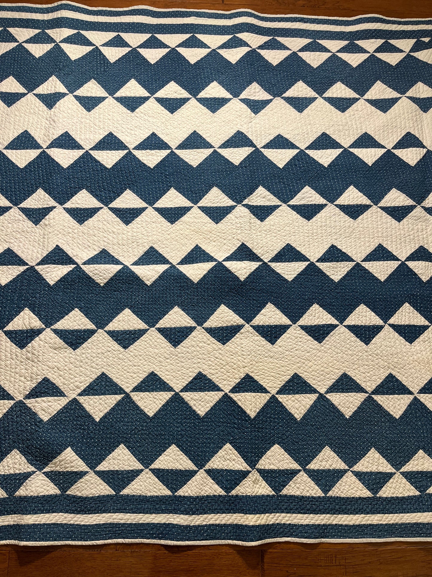 Blue and White Strippie Zig Zag with Triangles Quilt