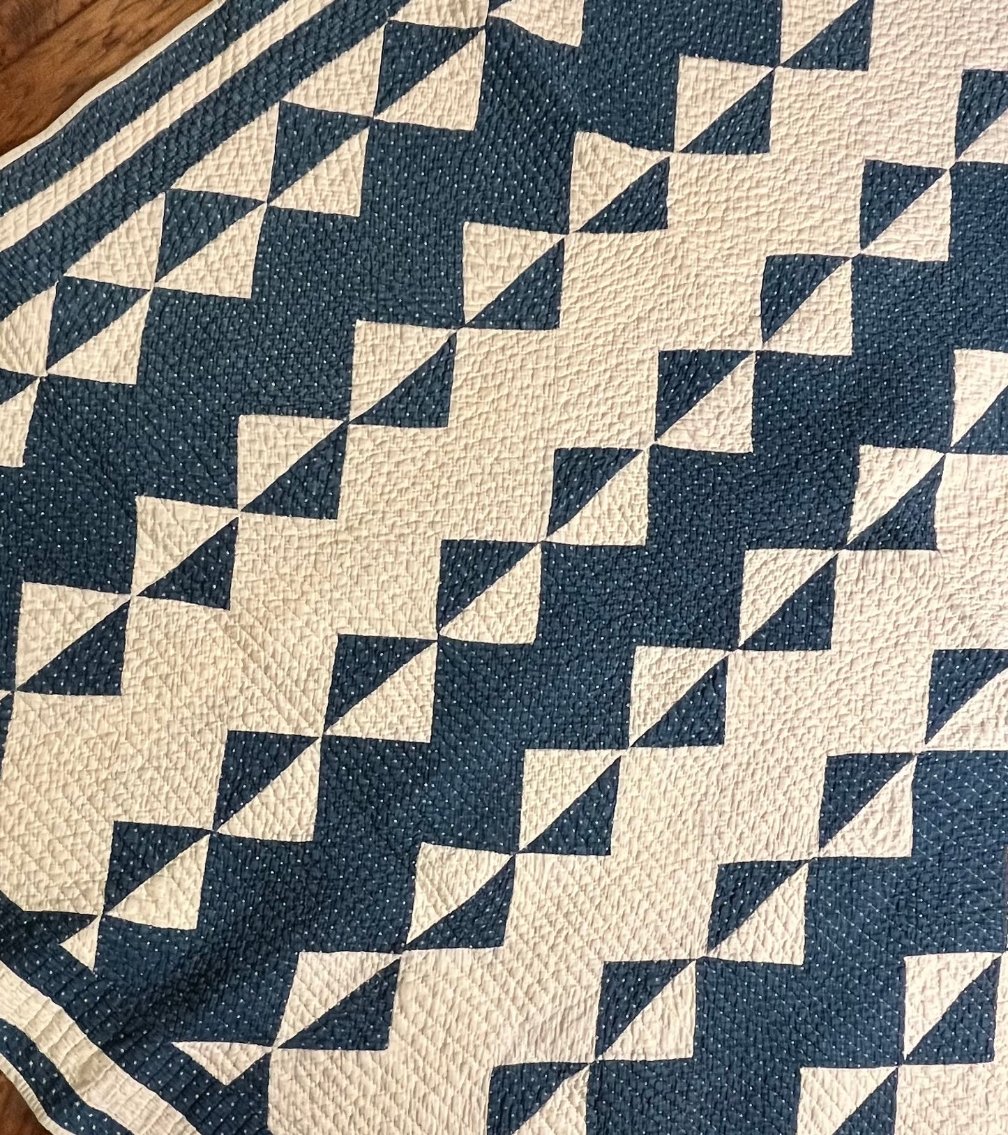 Blue and White Strippie Zig Zag with Triangles Quilt