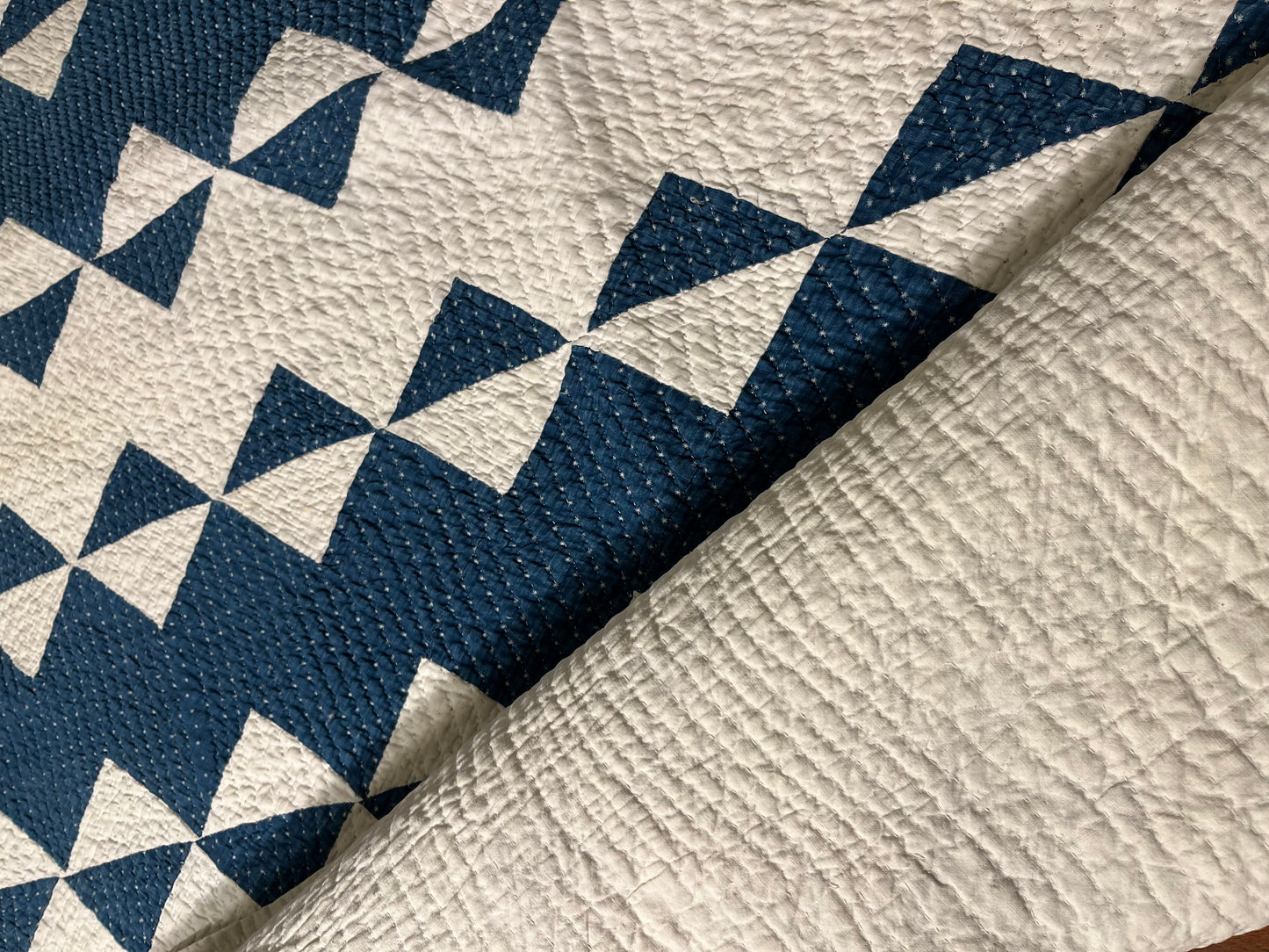 Blue and White Strippie Zig Zag with Triangles Quilt
