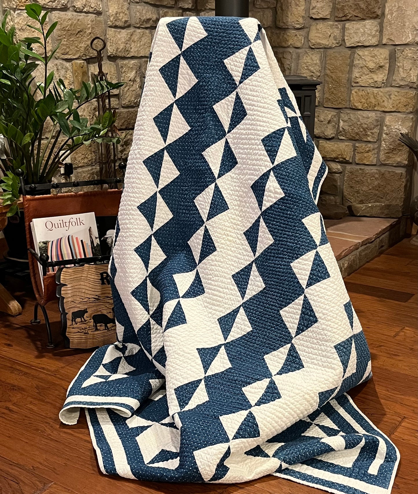 Blue and White Strippie Zig Zag with Triangles Quilt