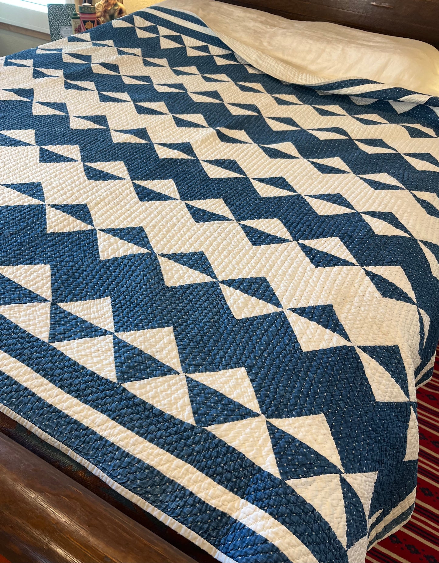 Blue and White Strippie Zig Zag with Triangles Quilt