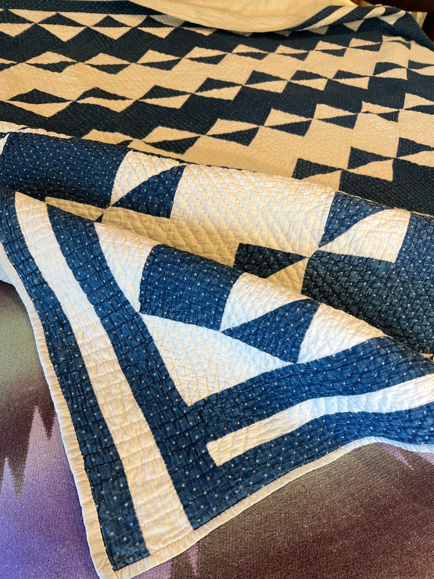 Blue and White Strippie Zig Zag with Triangles Quilt