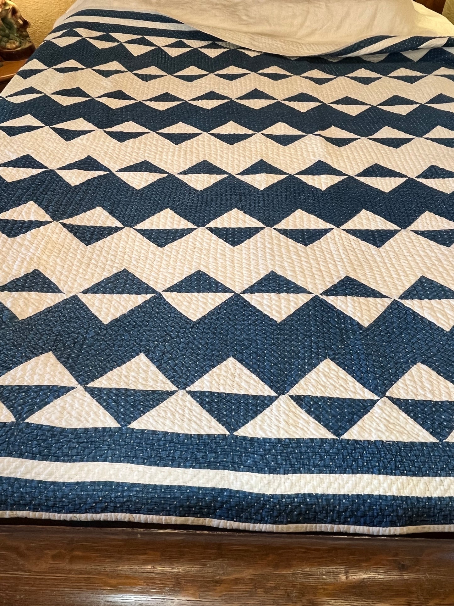 Blue and White Strippie Zig Zag with Triangles Quilt
