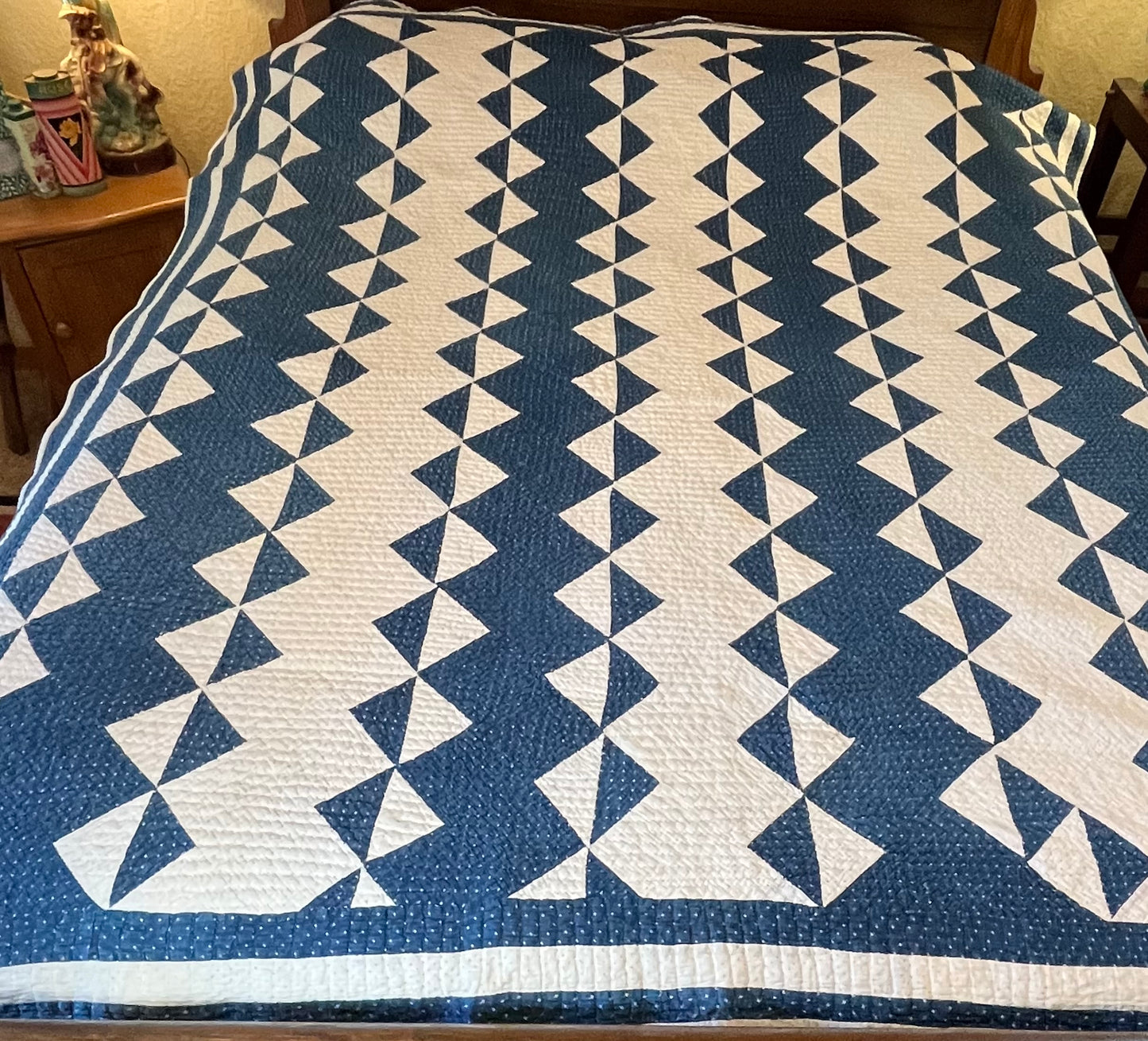 Blue and White Strippie Zig Zag with Triangles Quilt