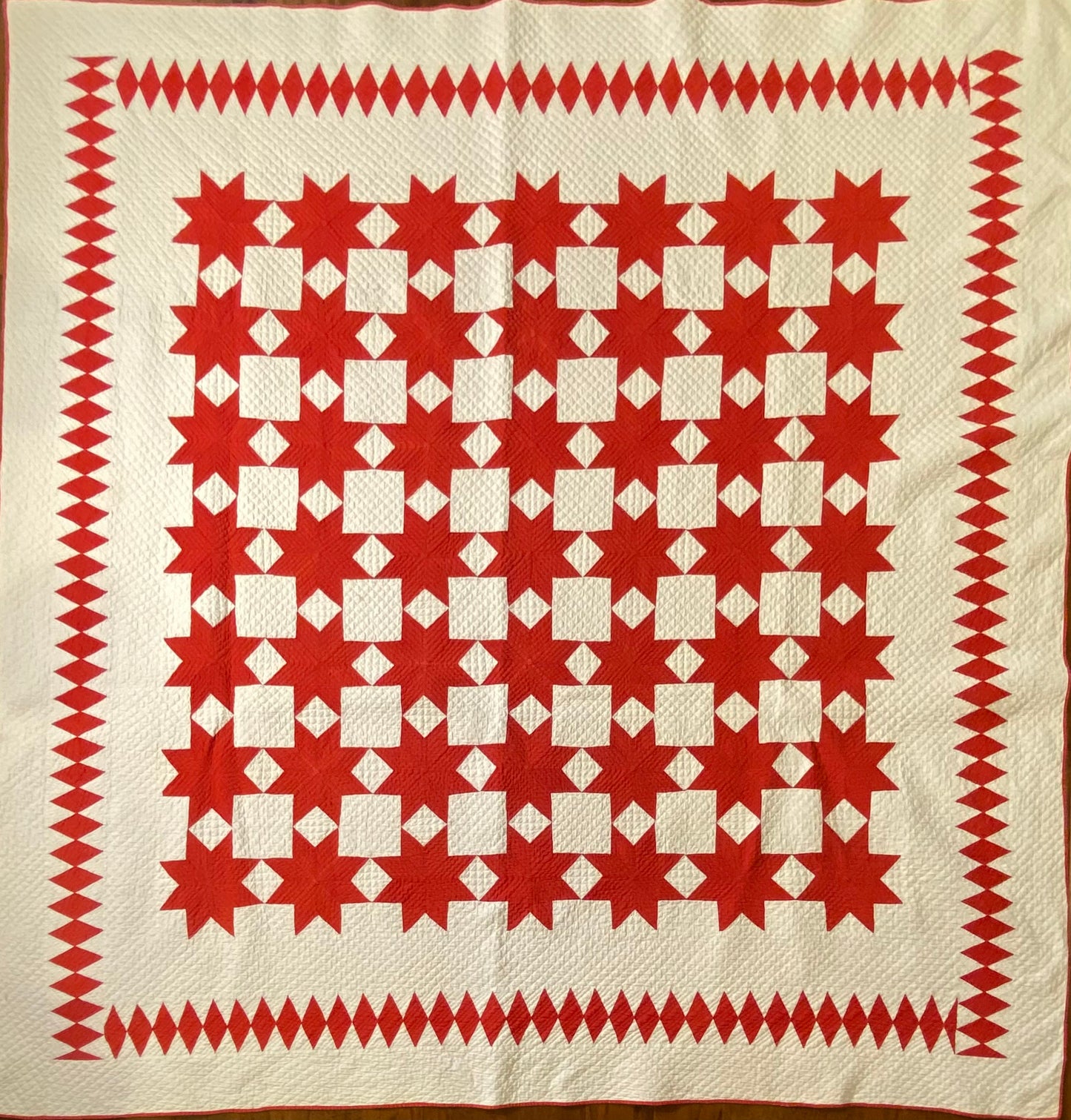 8 Point Touching Stars Quilt with Diamonds Border - Sold