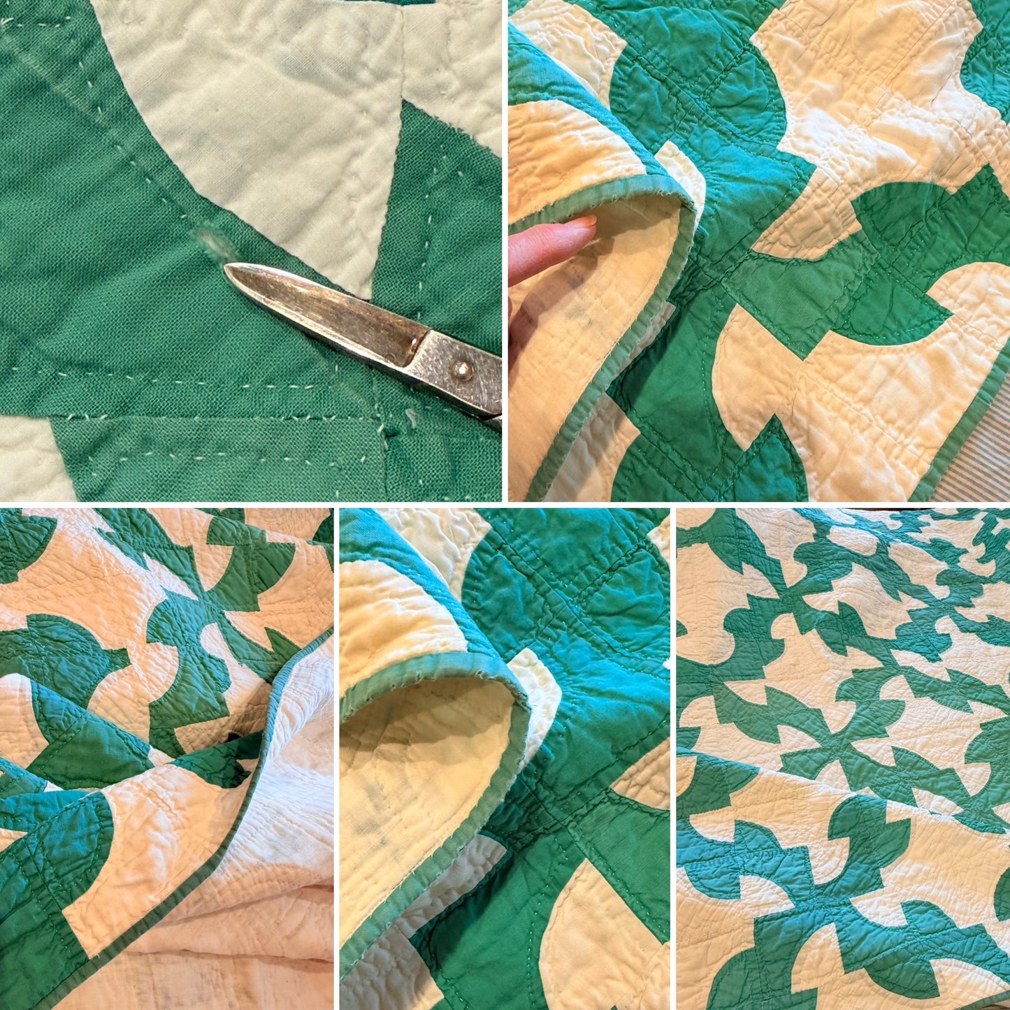 Green and White Drunkards Path Quilt