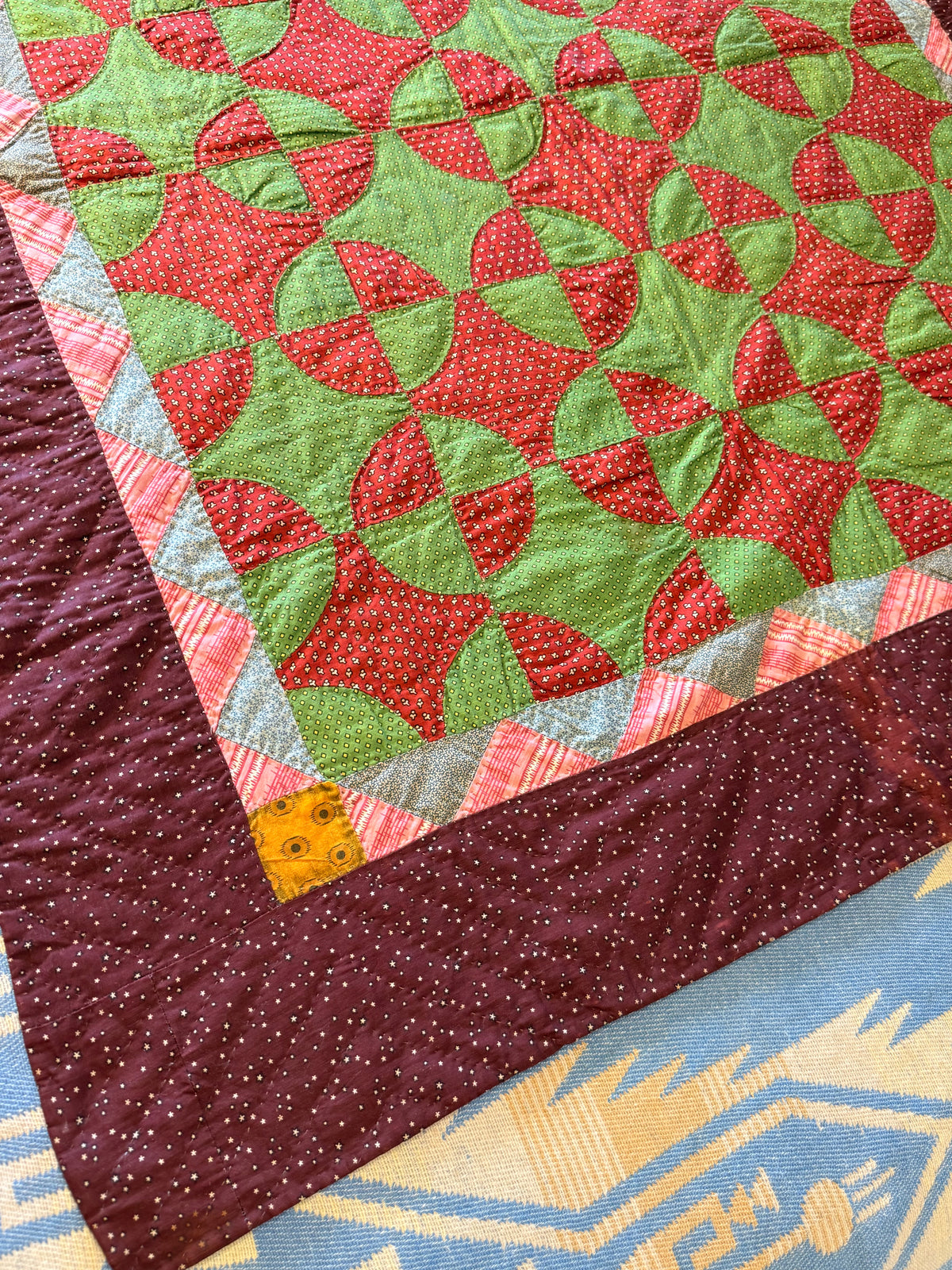 Early Old Mill Path Crib Quilt With Sawtooth  Border/Chintz Backing