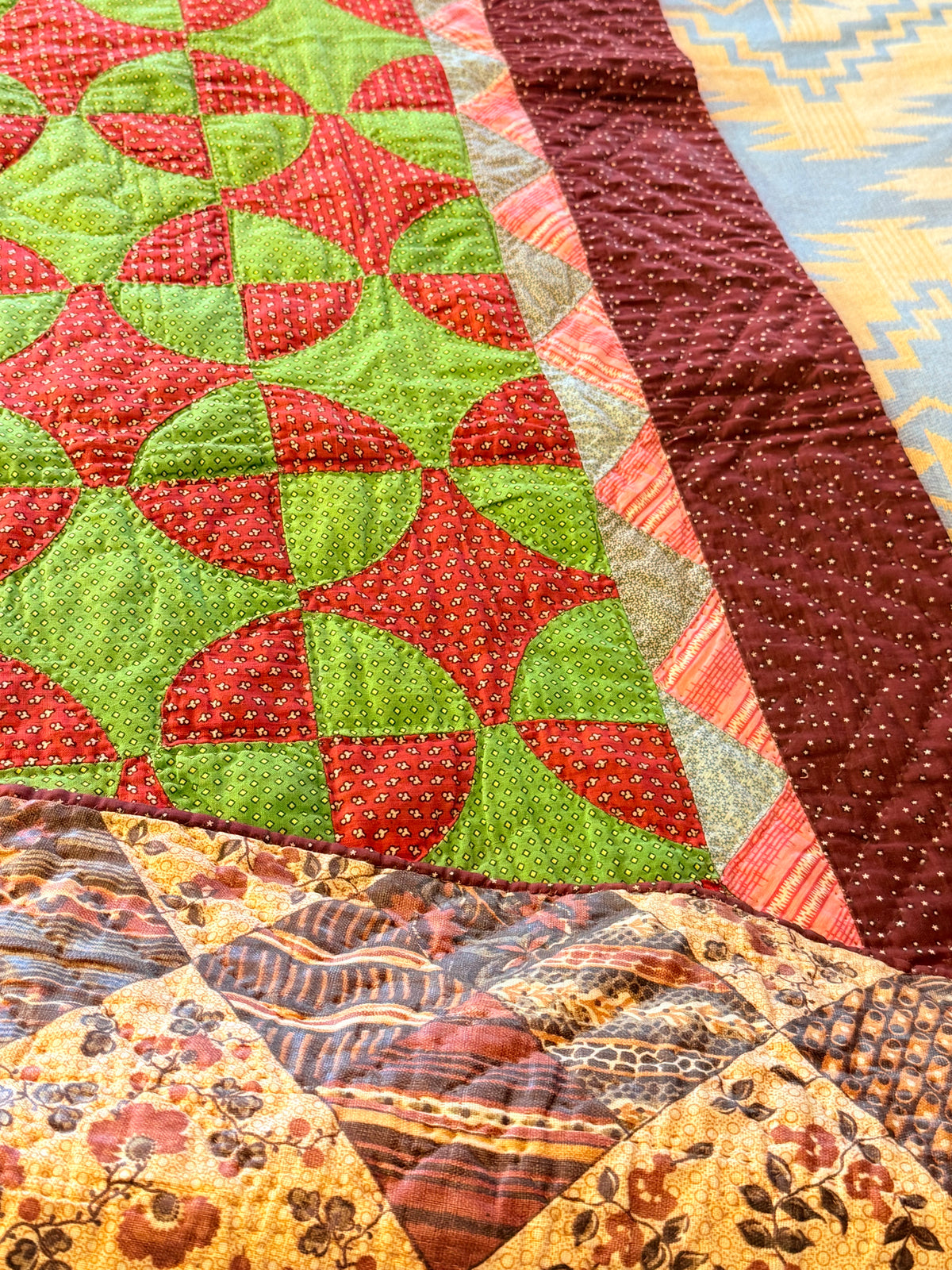 Early Old Mill Path Crib Quilt With Sawtooth  Border/Chintz Backing