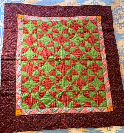 Early Old Mill Path Crib Quilt With Sawtooth  Border/Chintz Backing