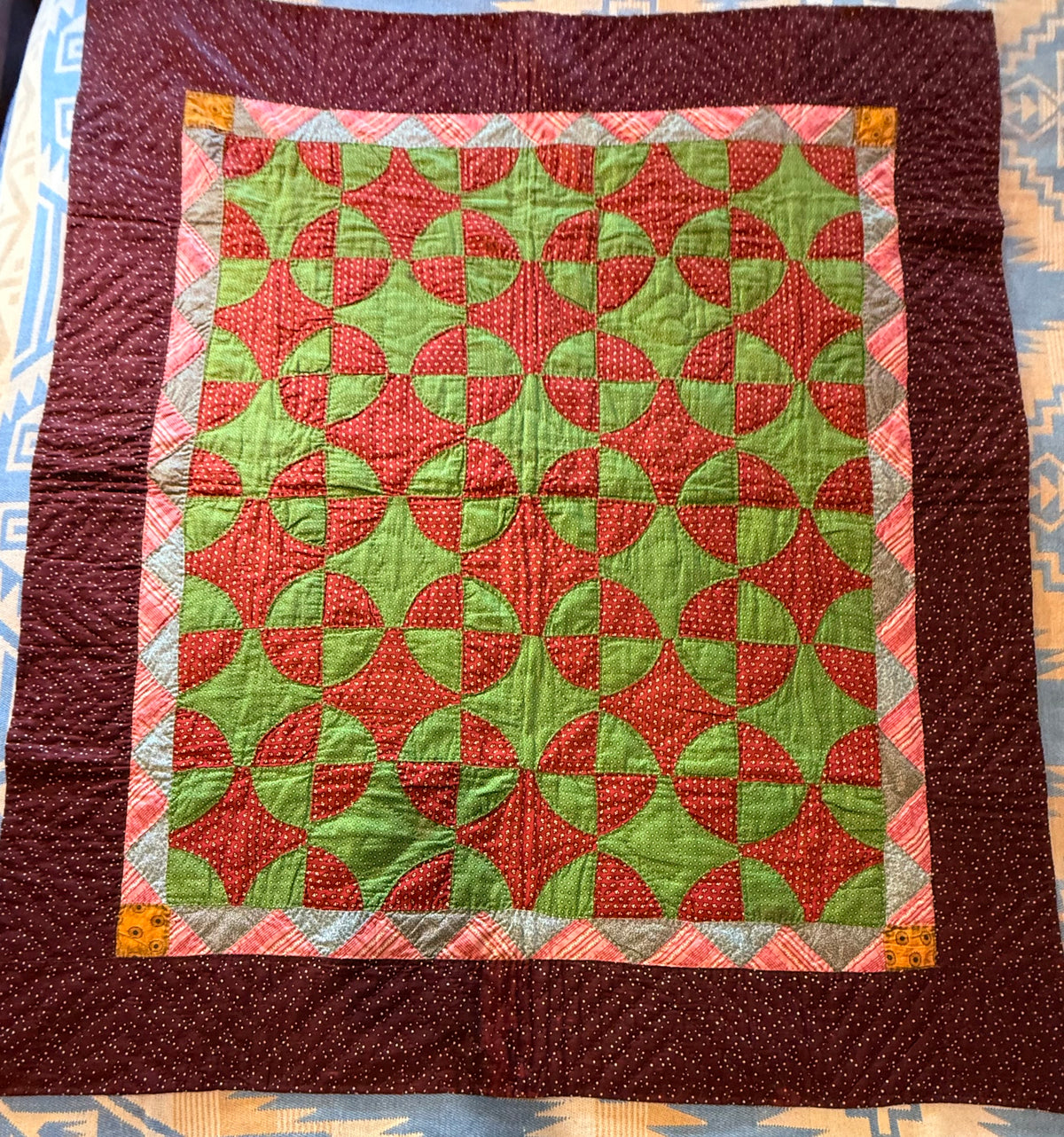 Early Old Mill Path Crib Quilt With Sawtooth  Border/Chintz Backing