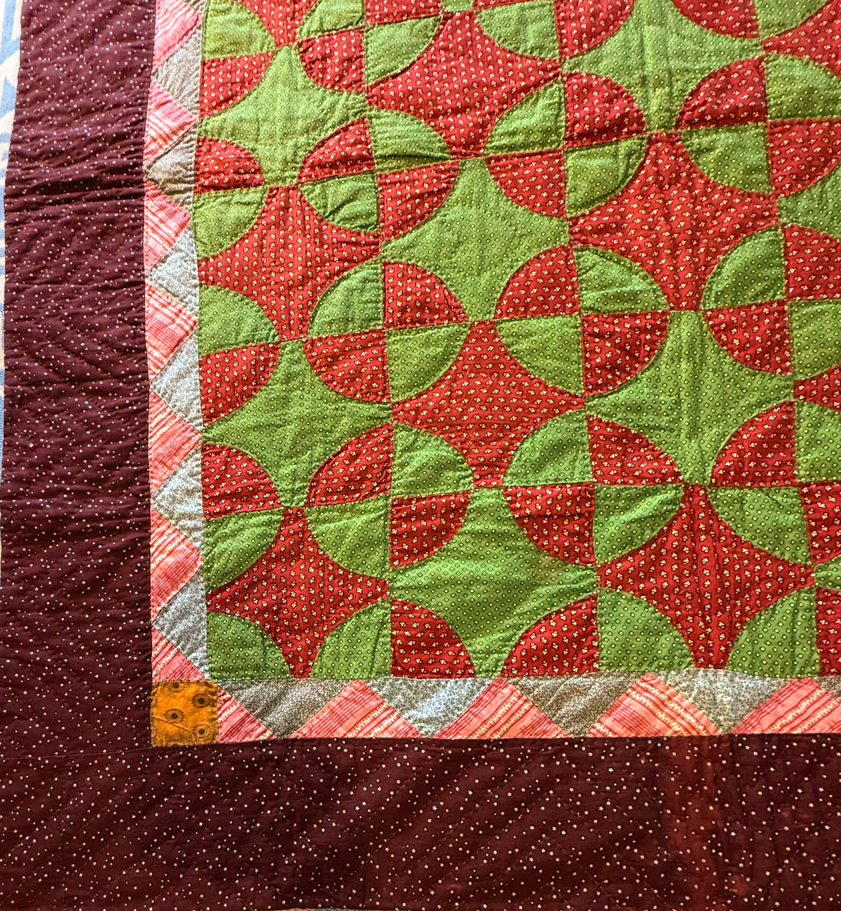 Early Old Mill Path Crib Quilt With Sawtooth  Border/Chintz Backing
