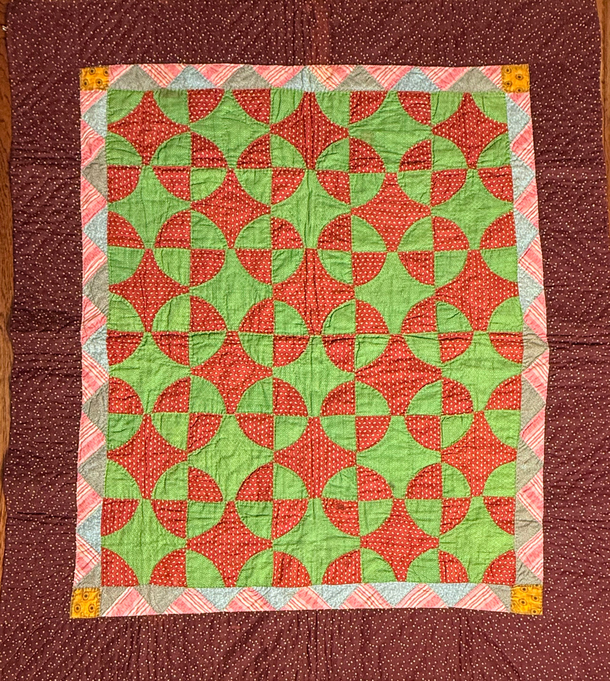 Early Old Mill Path Crib Quilt With Sawtooth  Border/Chintz Backing