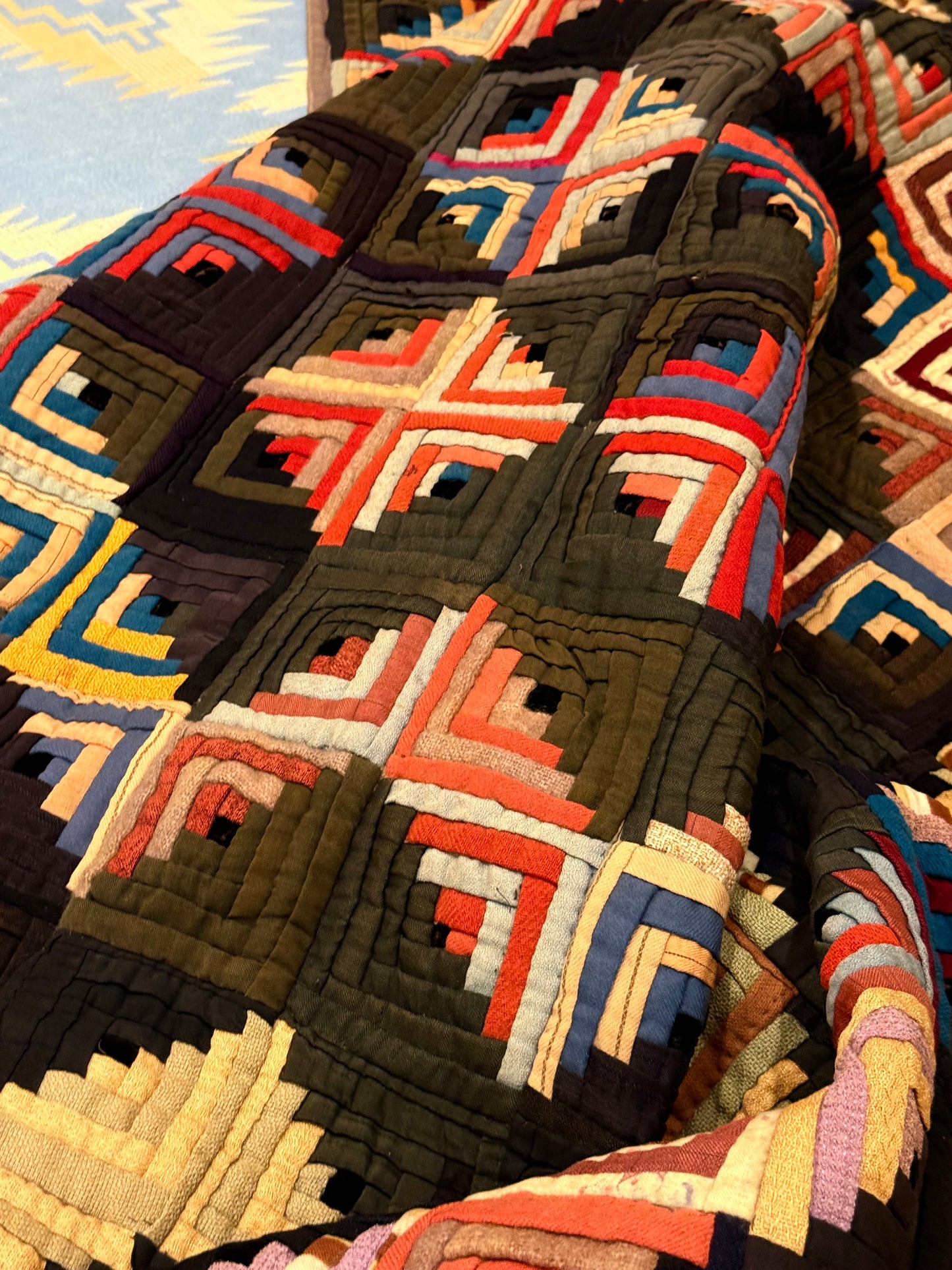 Outstanding Miniature Scale Unique Pattern Log Cabin Quilt