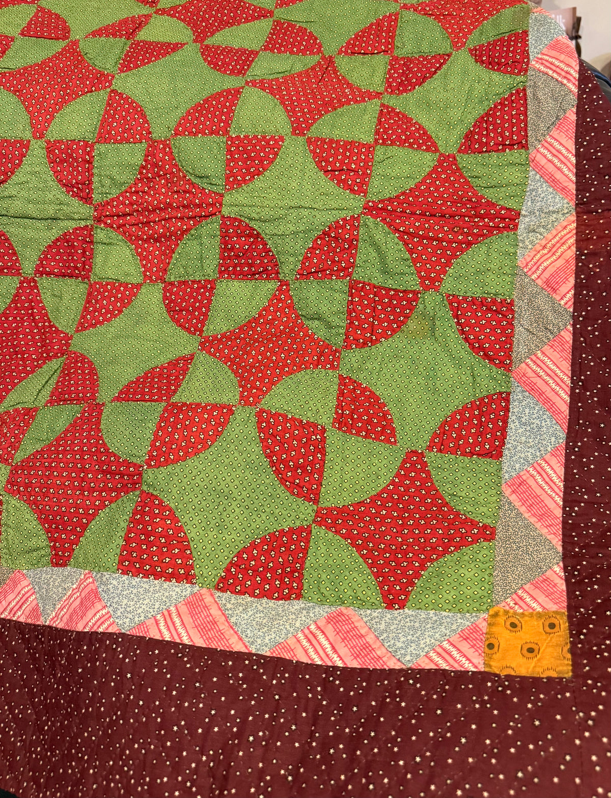 Early Old Mill Path Crib Quilt With Sawtooth  Border/Chintz Backing