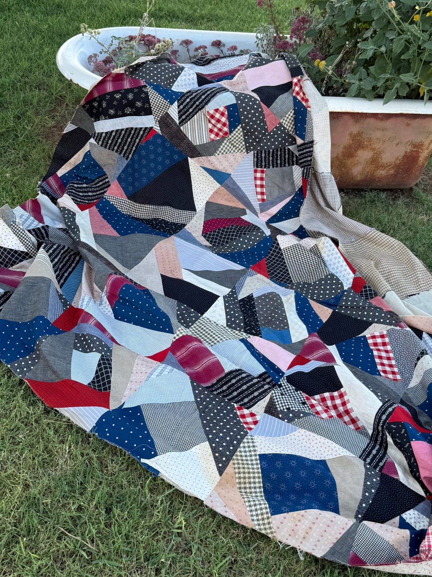 Cotton Crazy Quilt Top On Foundation