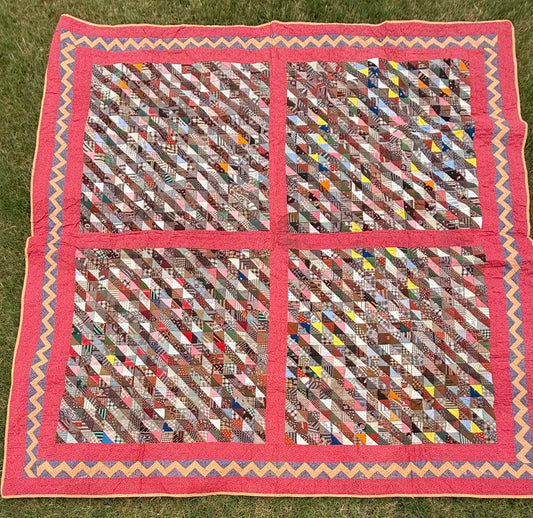 Outstanding Half Square Triangles 4 Block Early Quilt with Zig Zag Border