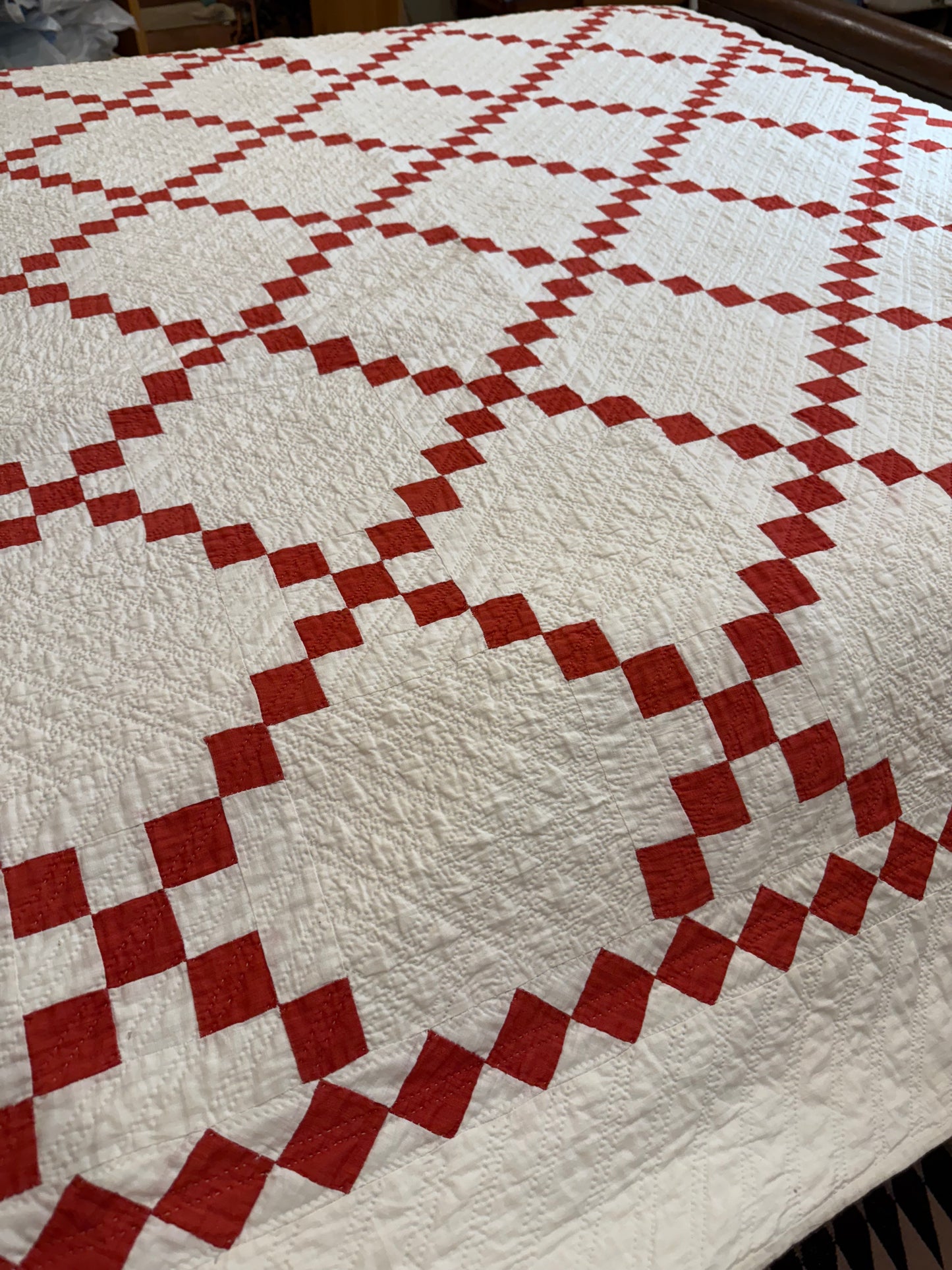 Glorious Red and White Single Irish Chain Quilt With  Border
