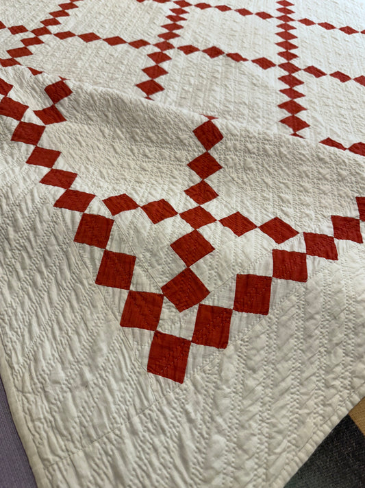 Glorious Red and White Single Irish Chain Quilt With  Border