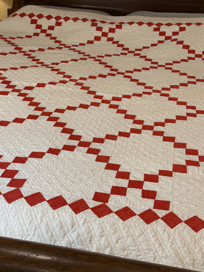 Glorious Red and White Single Irish Chain Quilt With  Border