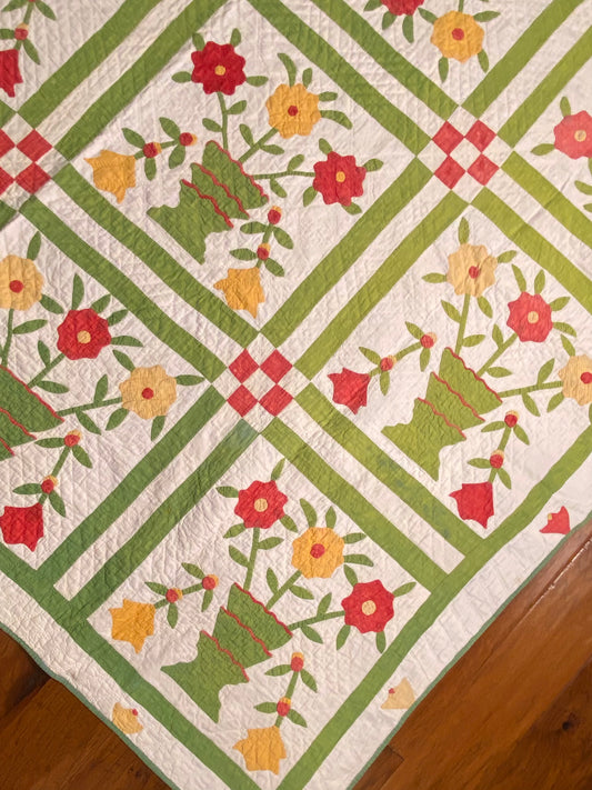 Folk Art Pot of Flowers Quilt with 9 Patch Cornerstones