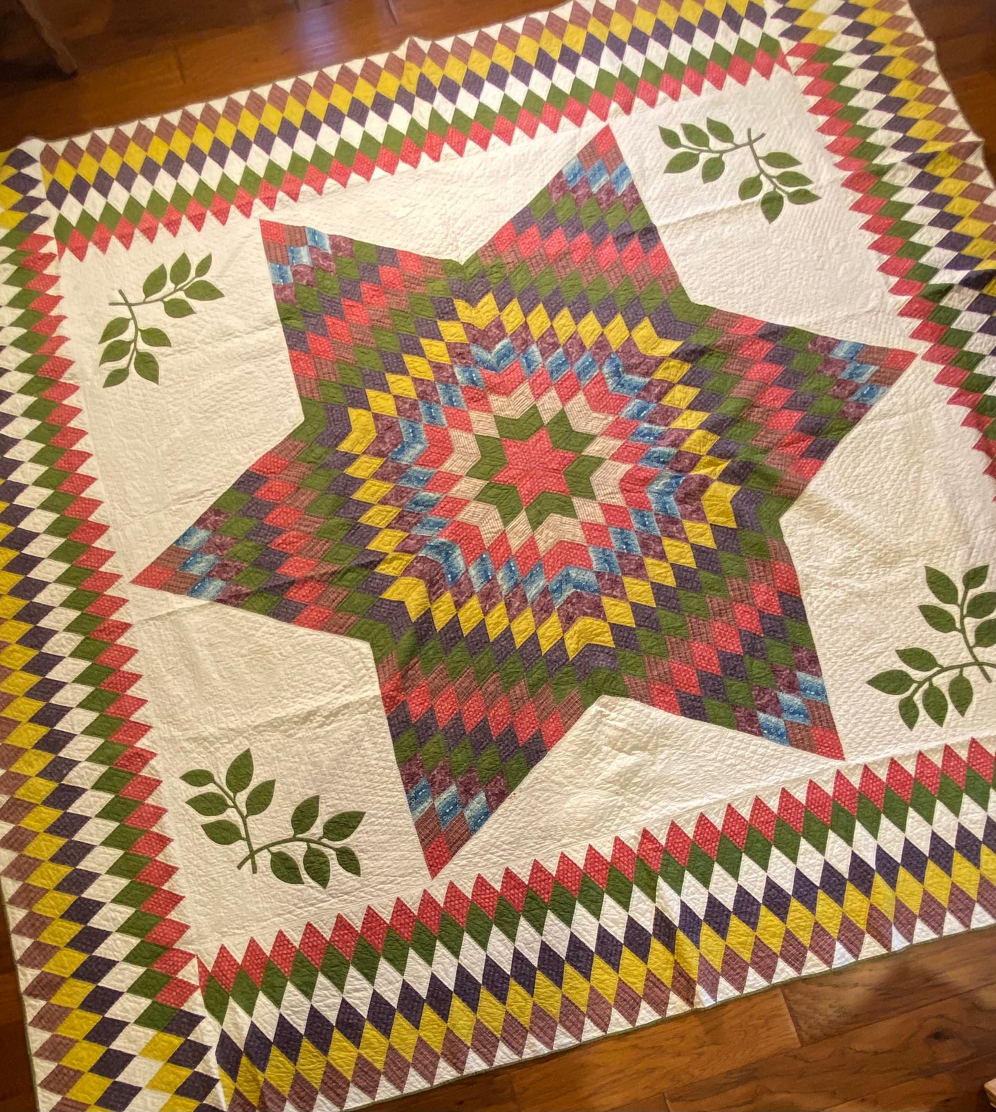 Circa 1850’s Blazing Stars Quilt with Diamonds Border