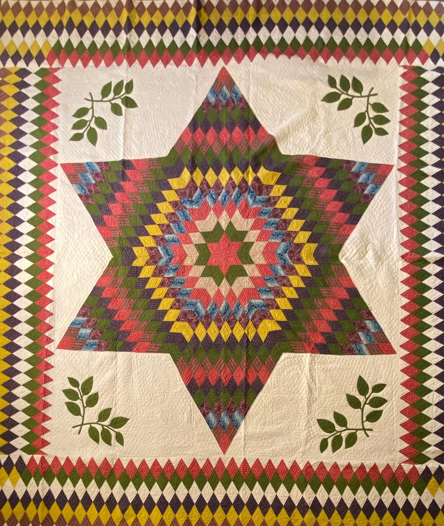 Circa 1850’s Blazing Stars Quilt with Diamonds Border