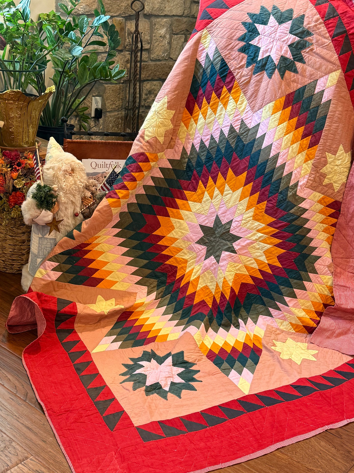 Blazing Star with Satellite Stars Quilt with a  Sawtooth Border