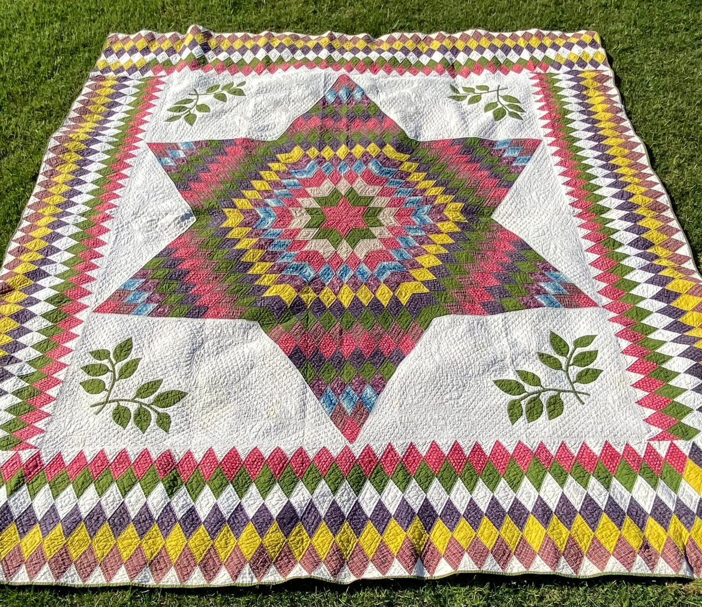 Circa 1850’s Blazing Stars Quilt with Diamonds Border