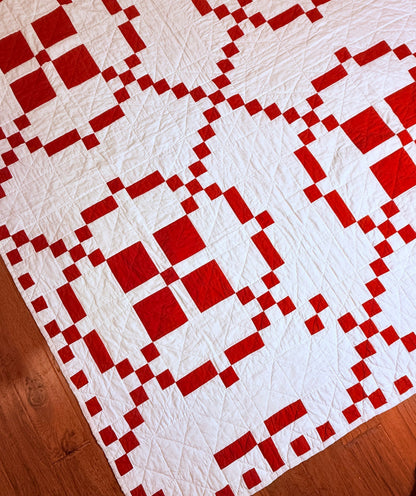 Red and White Burgoyne Surrounded Quilt With Blocks Border