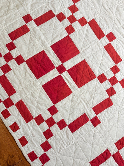 Red and White Burgoyne Surrounded Quilt With Blocks Border