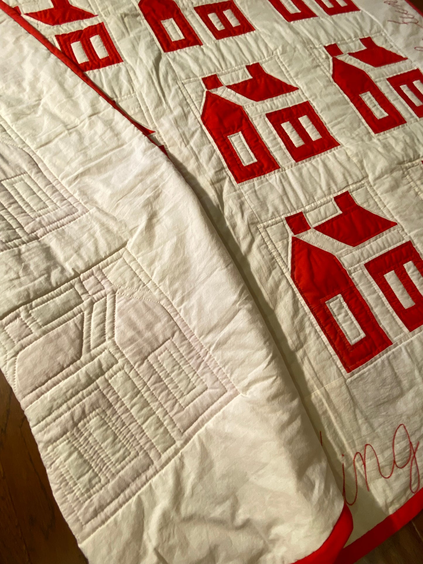 Red and White School House Vintage Quilt