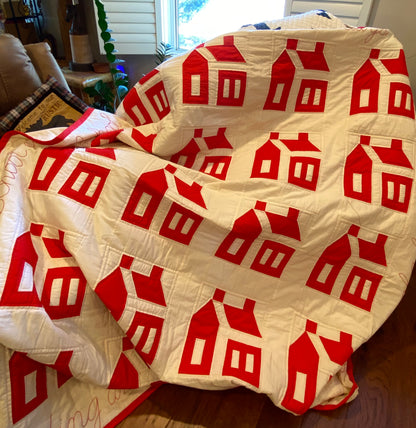 Red and White School House Vintage Quilt