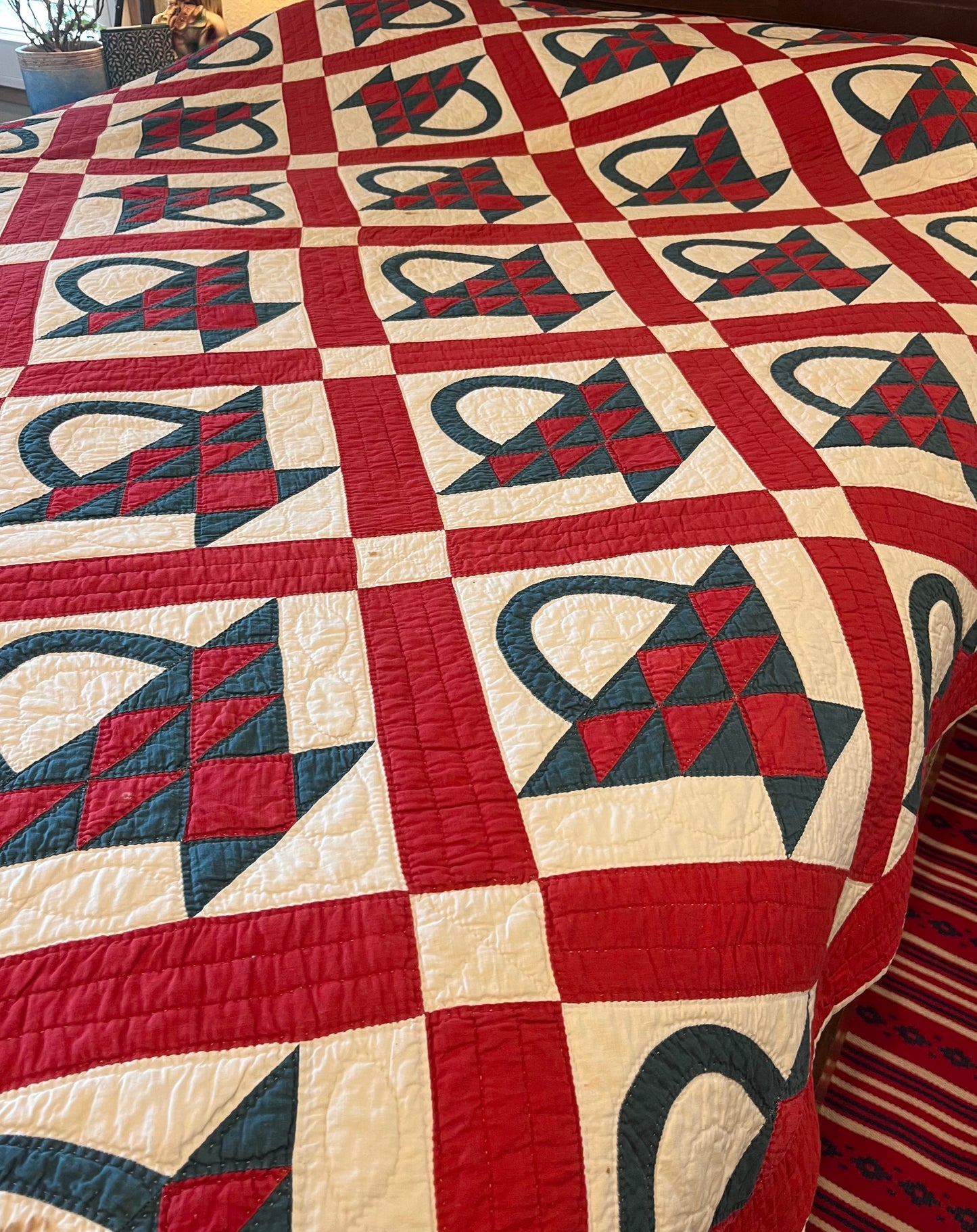 Red and Green Pieced Basket Quilt